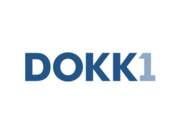 Dokk1 blue text logo with 1 in light blue